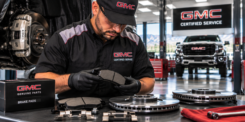 GMC brake pad inspection by a service technician