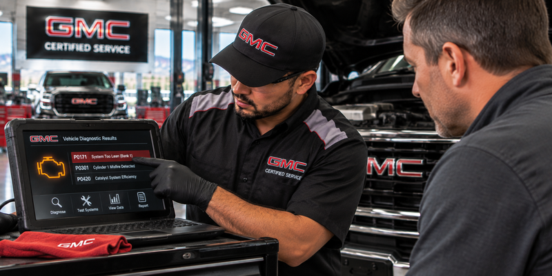 GMC technician explaining diagnostic findings to a customer