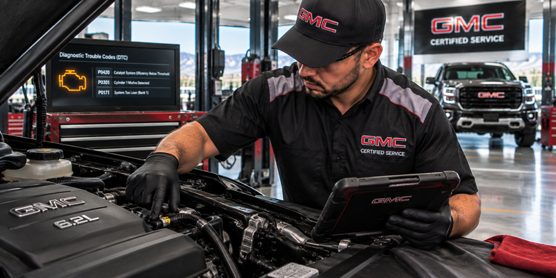 Technician performing GMC diagnostic service