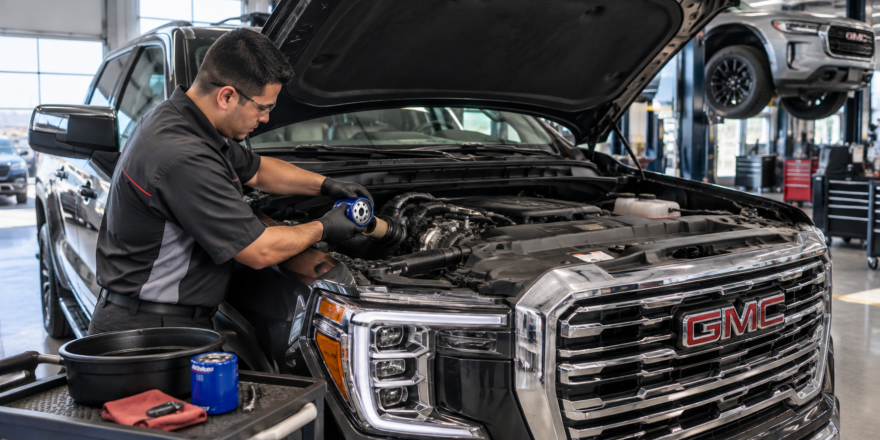 Technician performing GMC oil change service