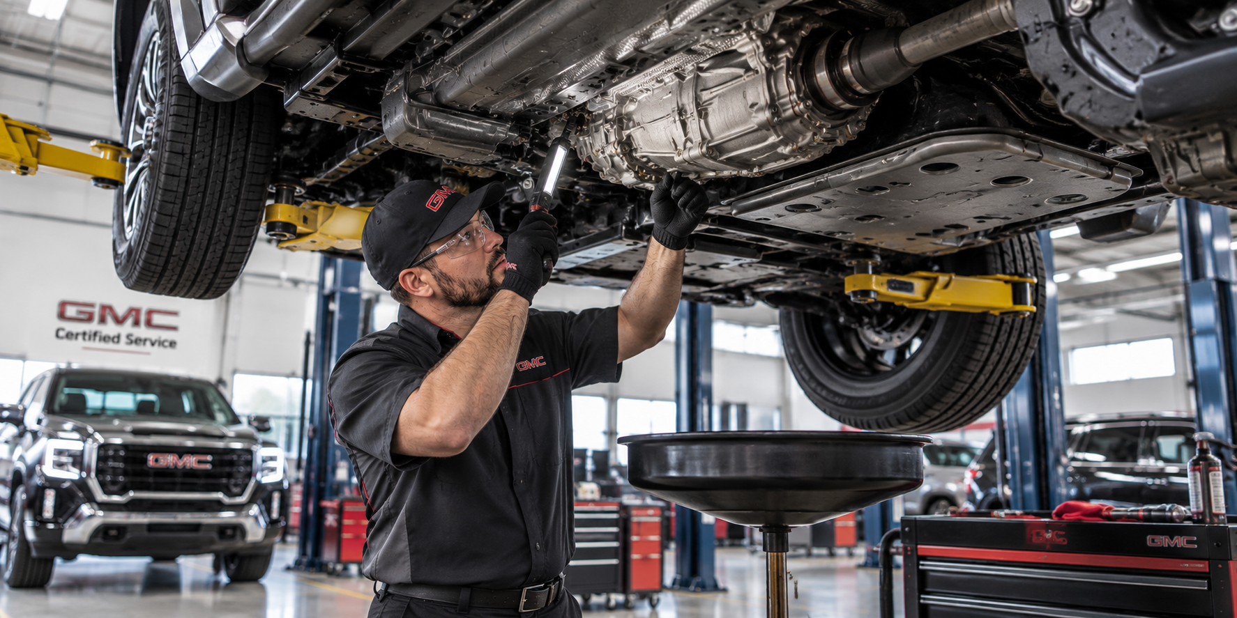 Technician inspecting a GMC transmission