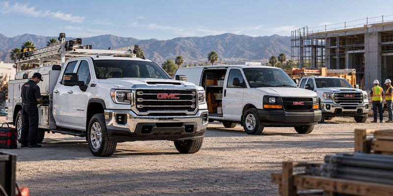 GMC commercial fleet vehicles at an active worksite