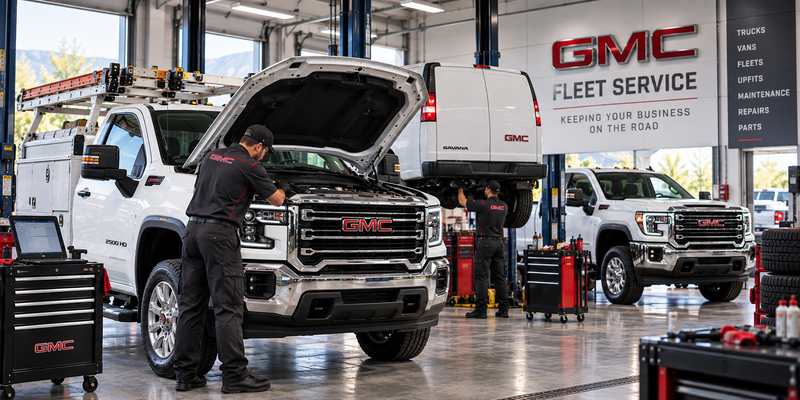 GMC work truck receiving fleet maintenance service