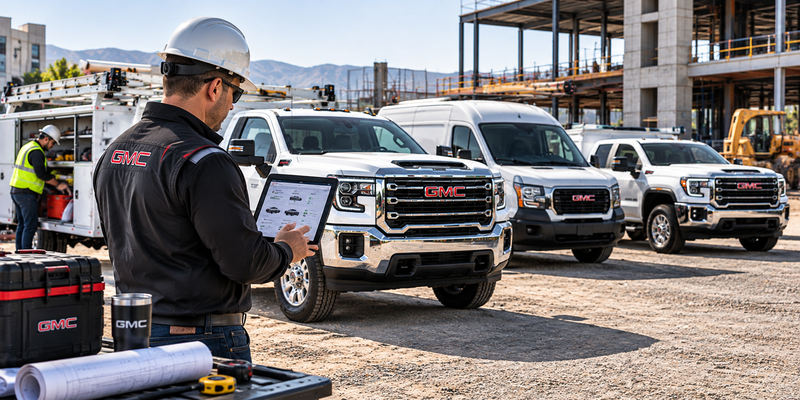 GMC fleet vehicles operating at a commercial construction site