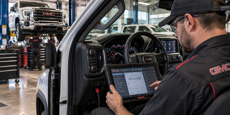 GMC technician performing vehicle diagnostics with a scan tool
