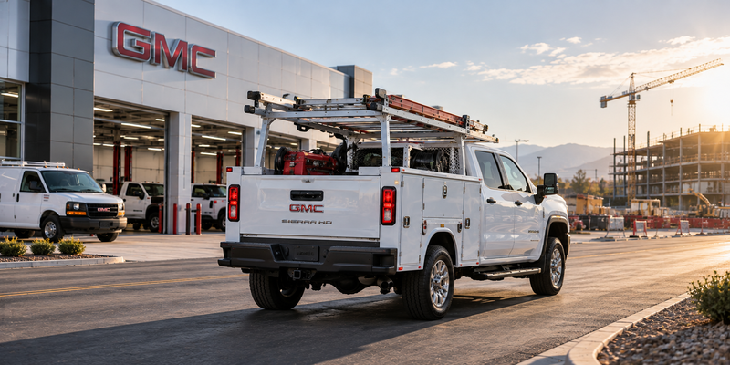 GMC Sierra HD utility truck leaving a GMC service facility