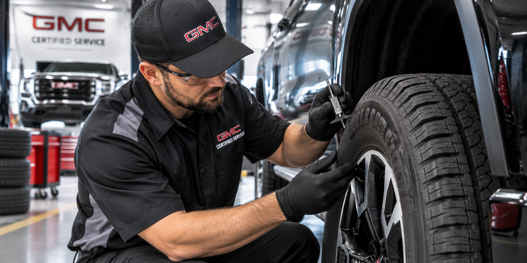 Technician inspecting a GMC tire