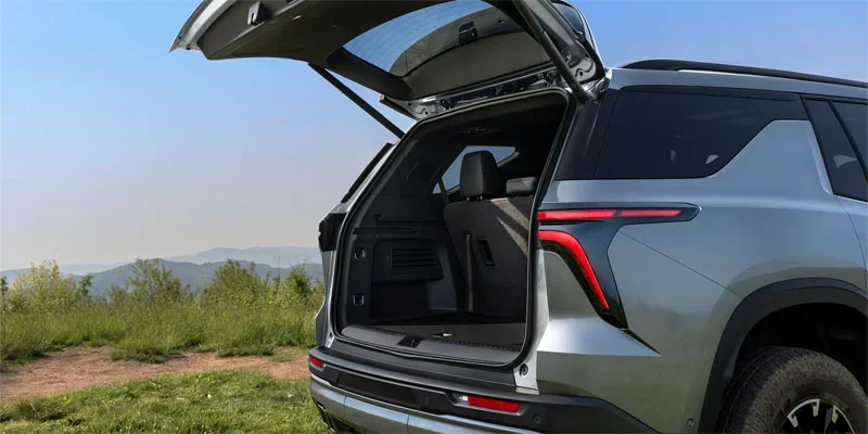The open trunk of a 2026 Chevy Traverse, showcasing available cargo space.