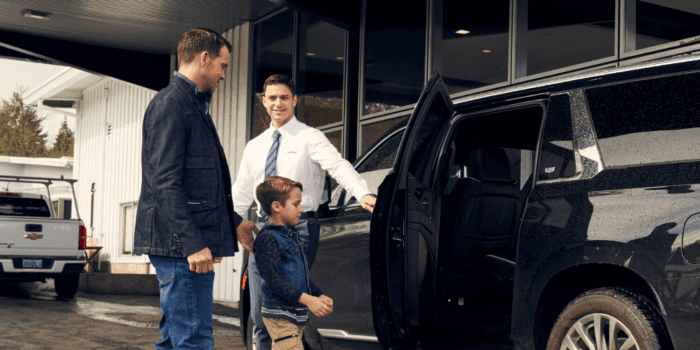 Family looking at Used car with associate