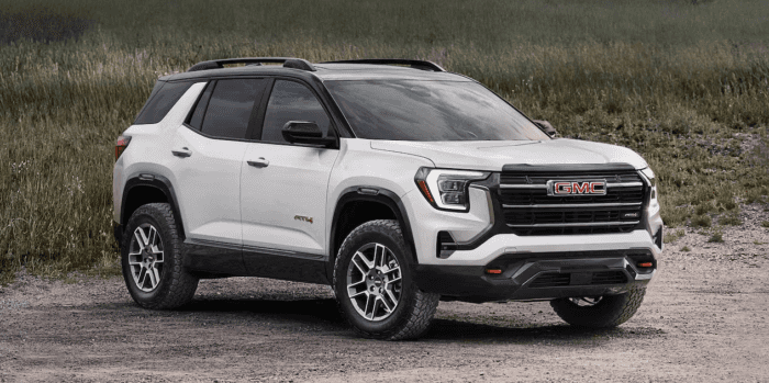  White 2026 GMC Terrain AT4 parked in gravel
