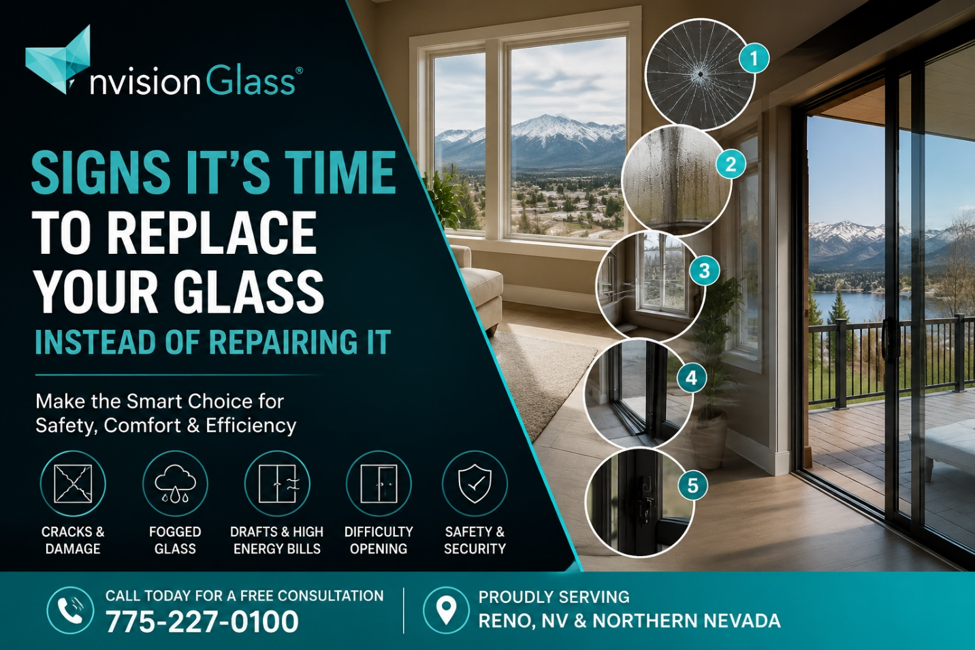 Signs it’s time to replace glass instead of repairing it in Reno NV featuring damaged windows, fogged glass, and modern energy-efficient glass solutions by nvision Glass