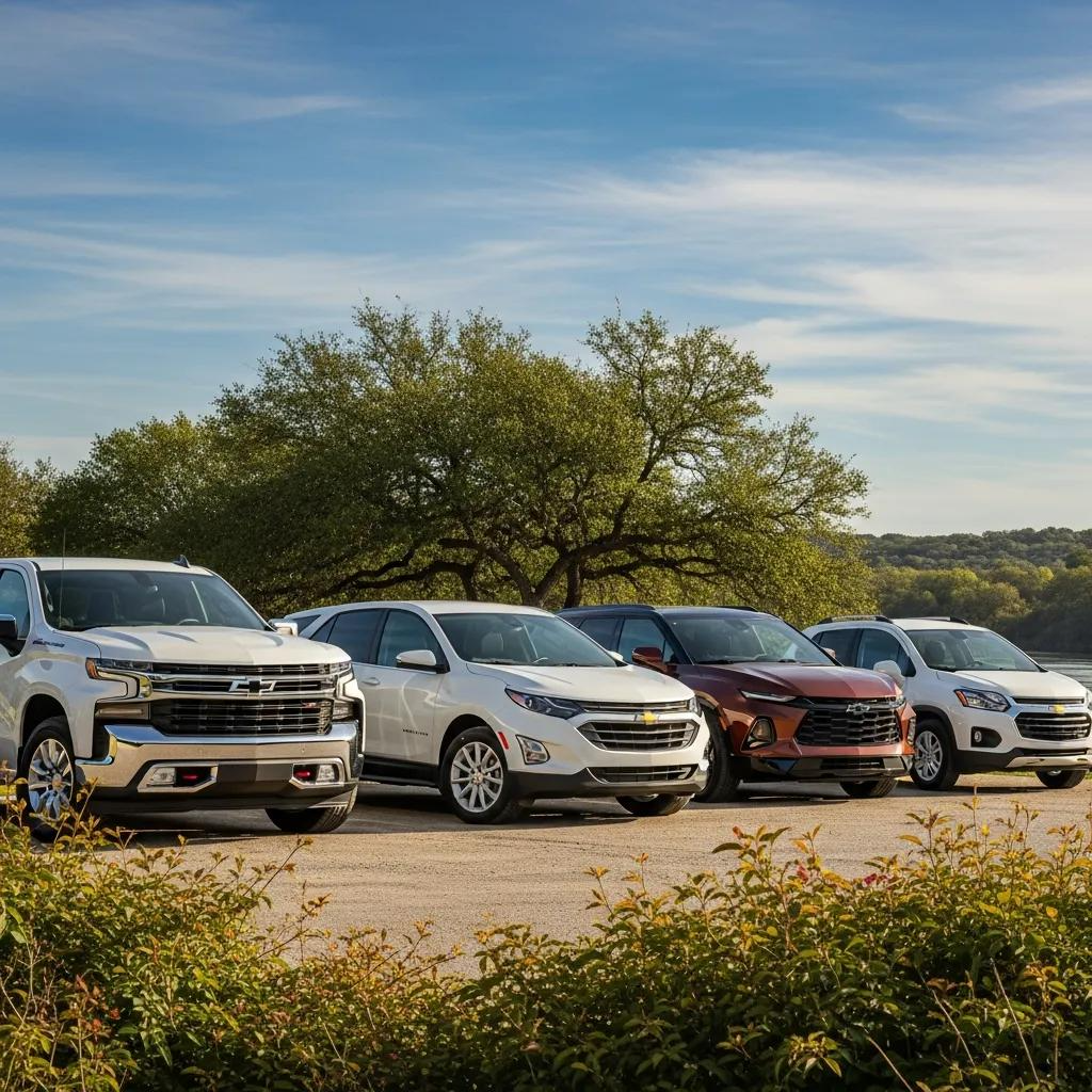2026 Chevrolet lineup including Silverado, Equinox, Blazer, and Trax parked outdoors