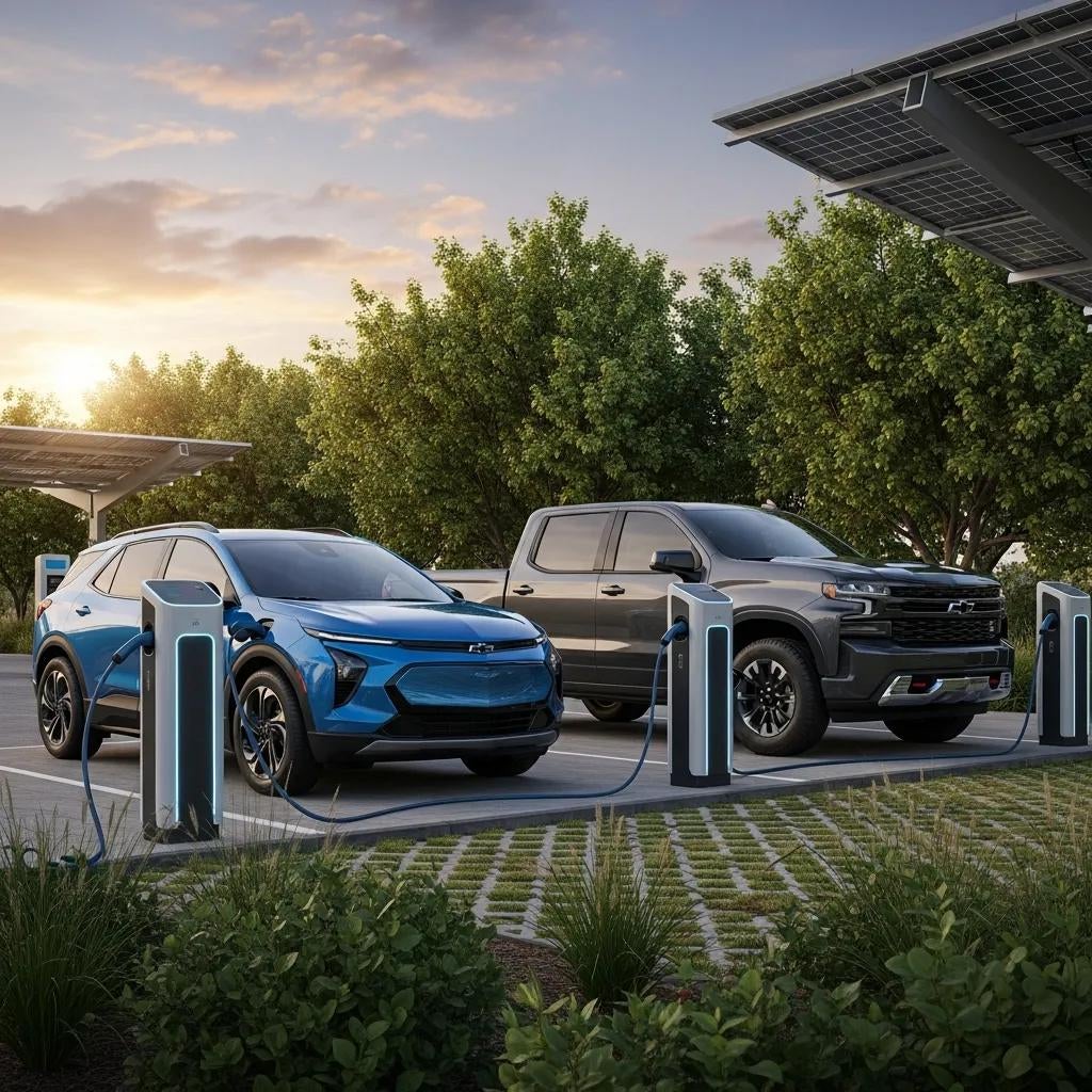 2026 Chevrolet Equinox EV and Silverado EV charging at a fast-charging station near Valmark Chevrolet in New Braunfels, TX