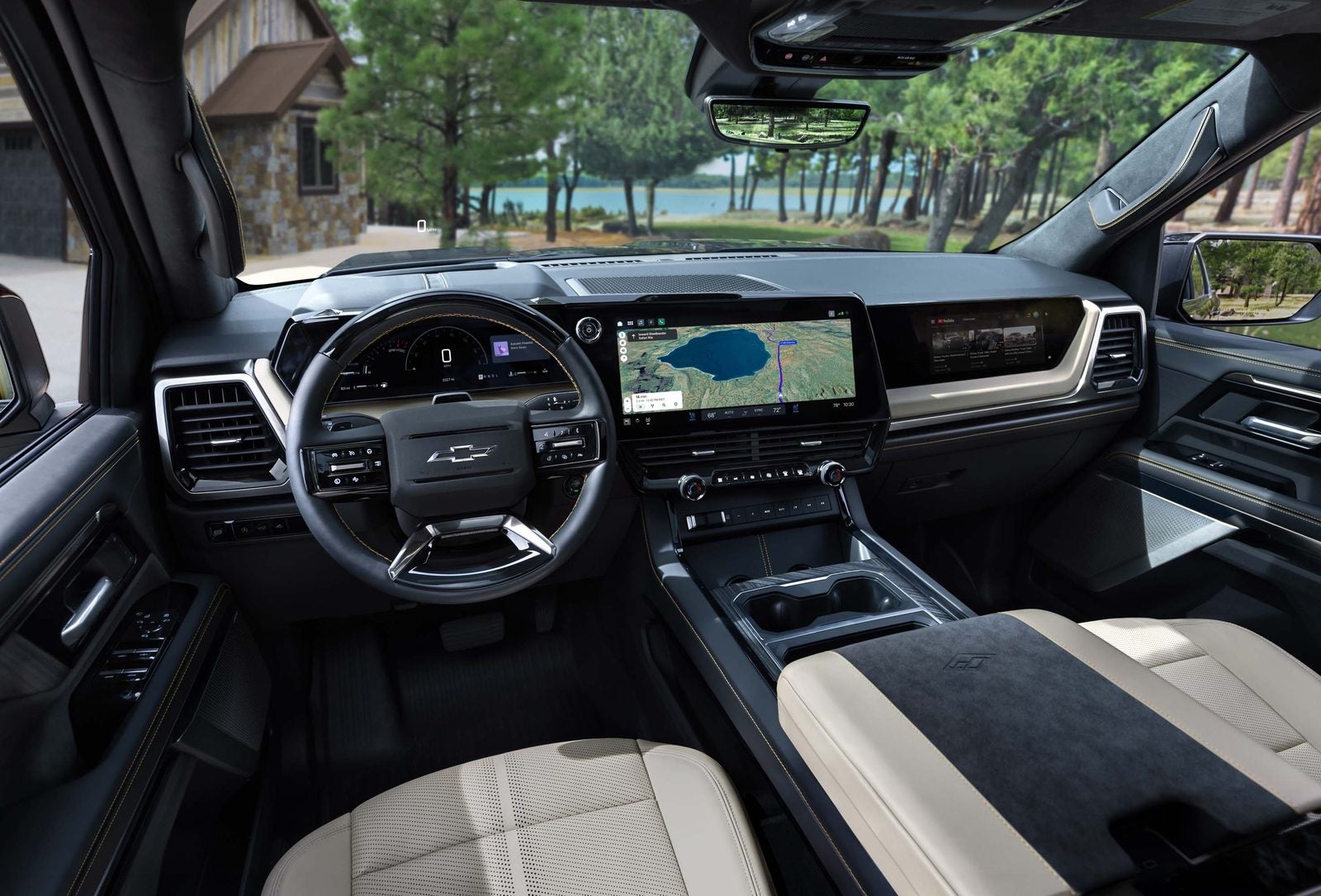 2027 Silverado High Country interior with 16.3-inch center touchscreen and 12.2-inch driver display