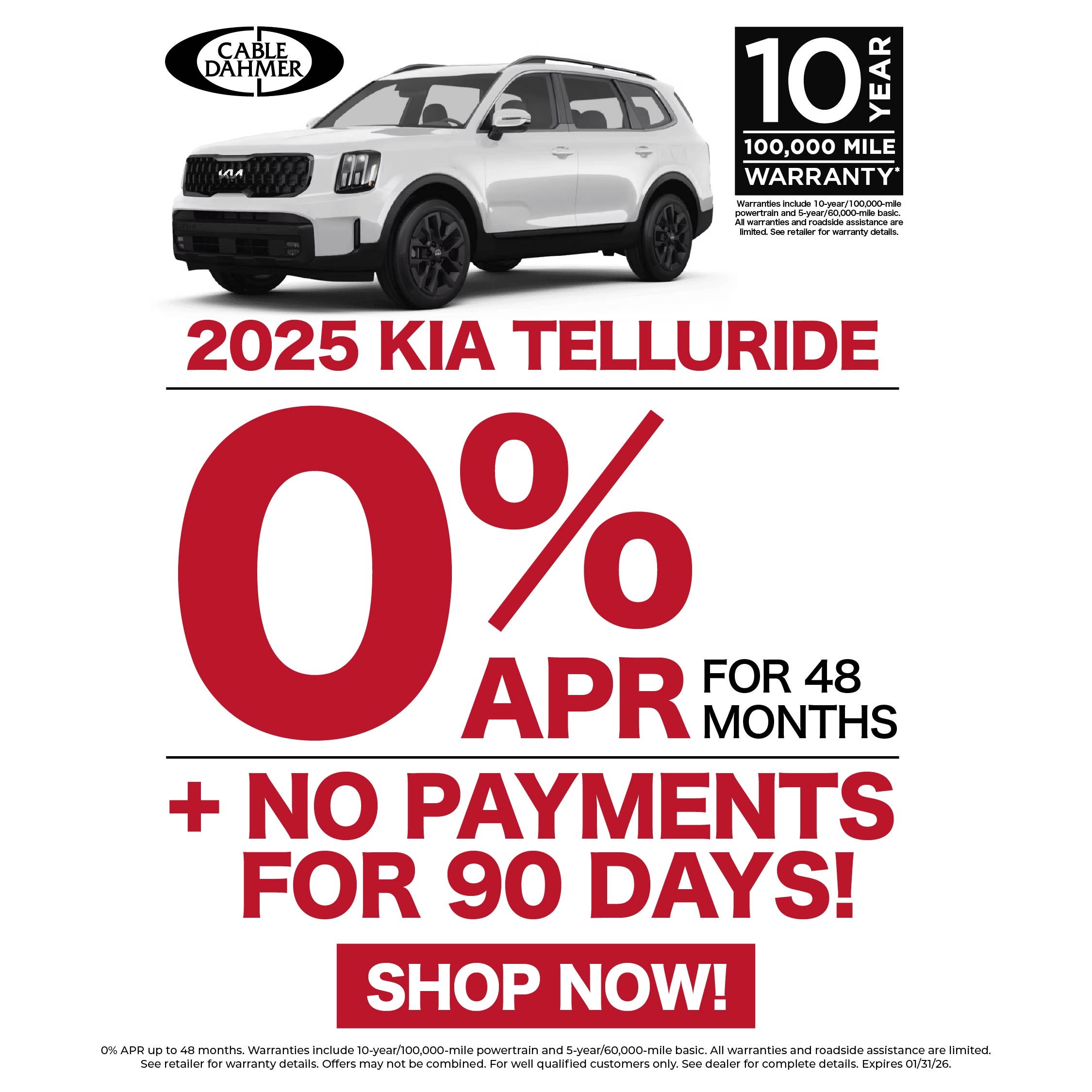 2025 Kia Telluride 0% APR for 48 months and no payments for 90 days