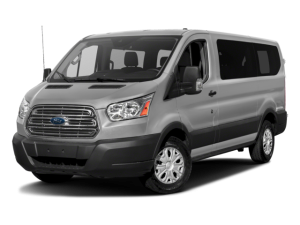 A silver passenger van, angled slightly from the front left, against a black background.