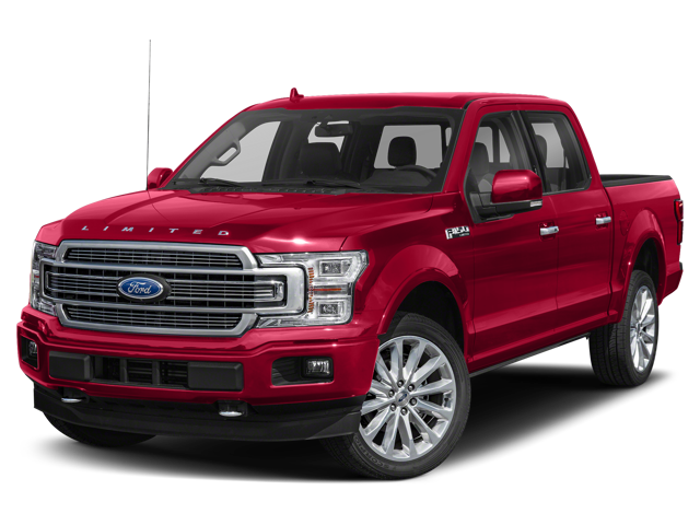 A red "Limited" Ford F-150 four-door pickup truck is angled slightly right, against a black background.