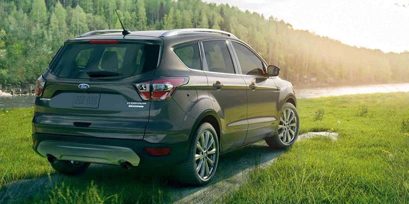 A dark gray Ford Escape SUV from the rear-right, parked on grass next to a body of water with sunlight.