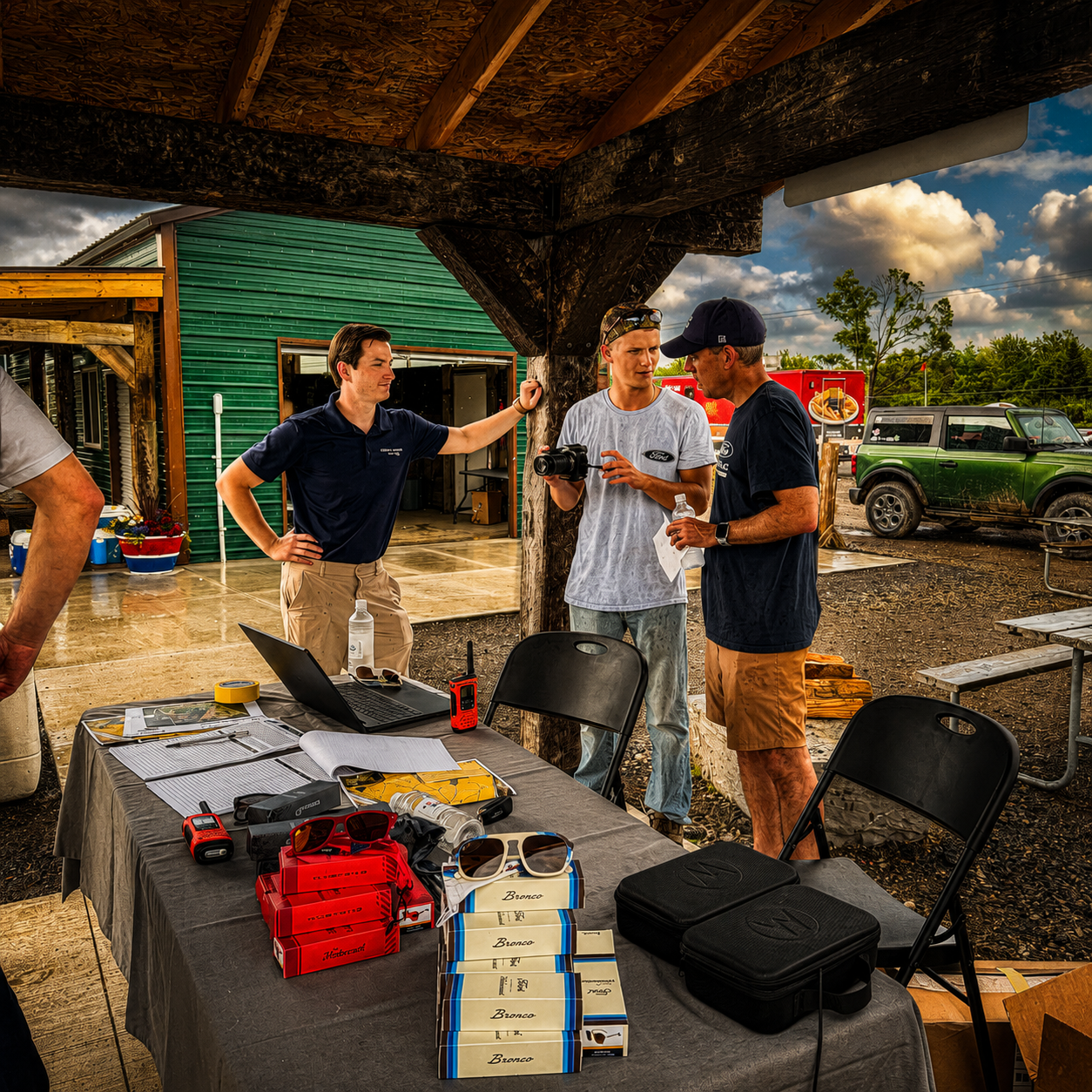 Bronco event check-in under pavilion