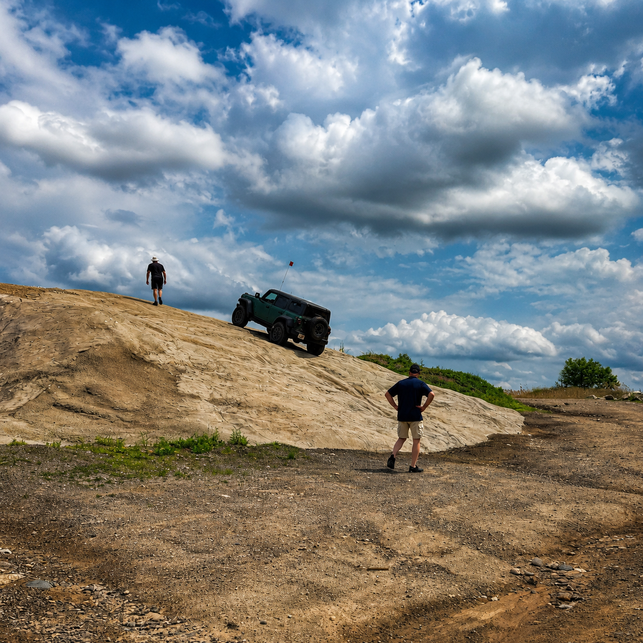 Green Bronco climbing rock hill