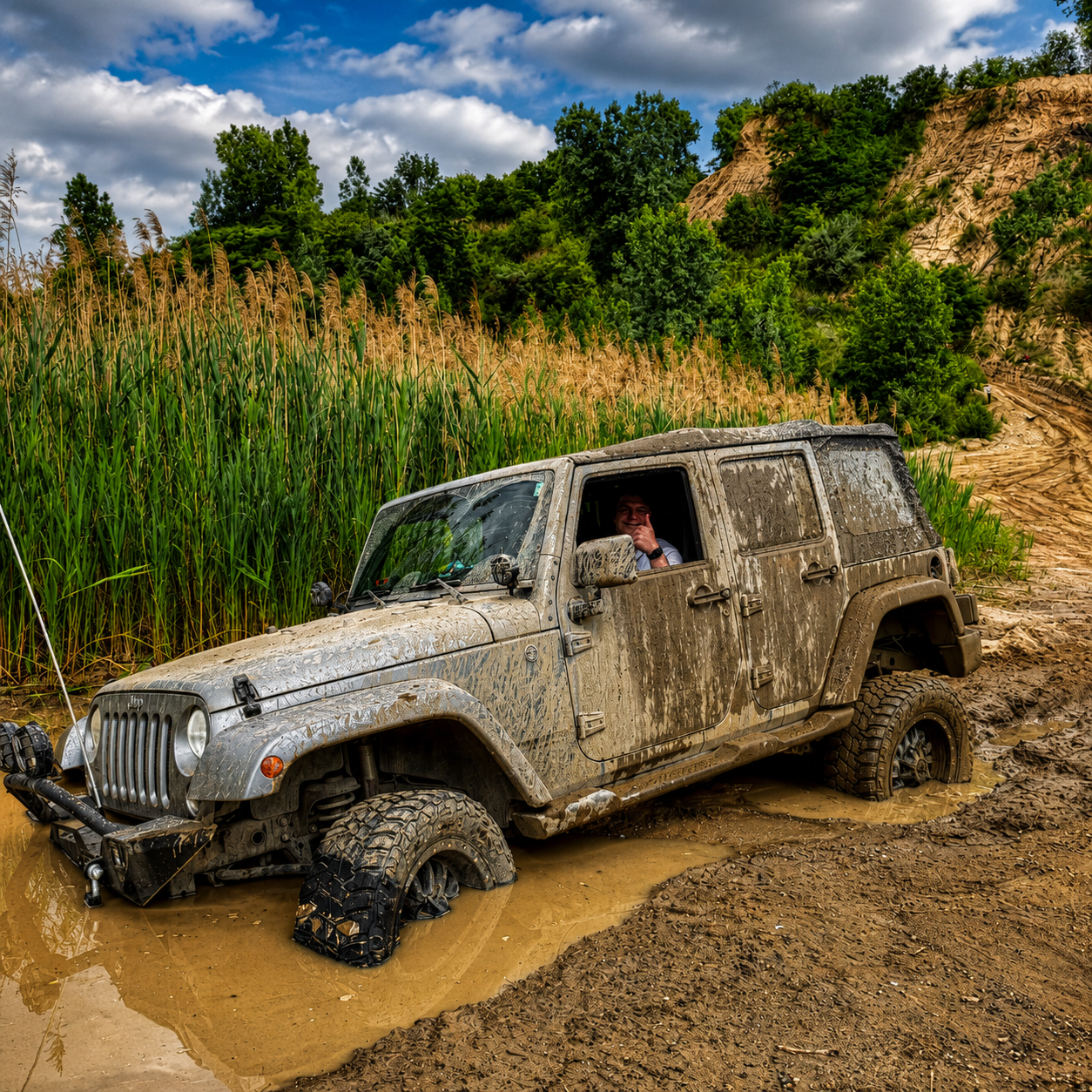 Logan with his Jeep stuck in water