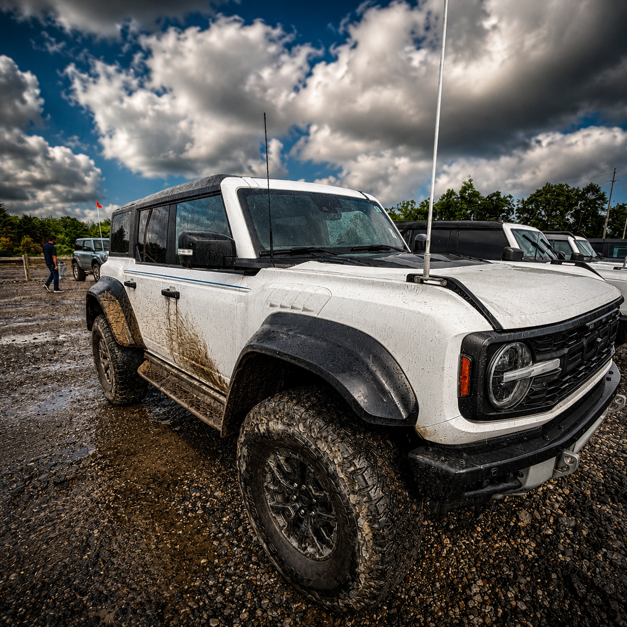 Muddy white Bronco closeup