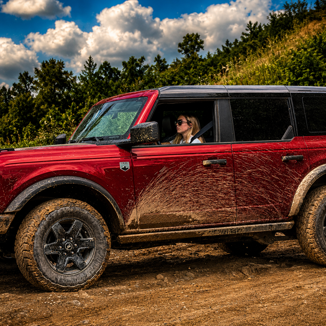 Annie's Bronco side profile with mud splash