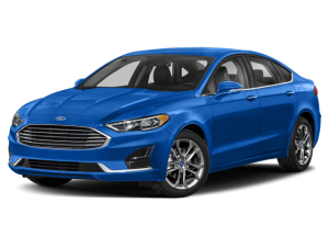 A bright blue Ford Fusion sedan, viewed from the front quarter angle.