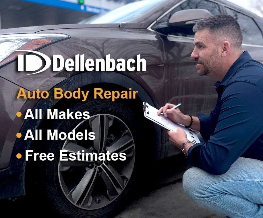 Man inspecting car with clipboard. Text: Dellenbach Auto Body Repair - All Makes, All Models, Free Estimates.