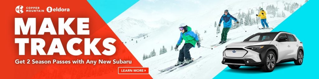 Skiers and Subaru SUV for "Make Tracks" promotion
