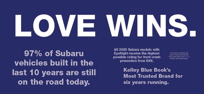 Subaru vehicles longevity and safety ratings advertisement.