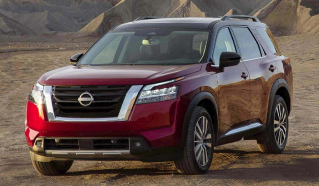 Red 2022 Nissan Pathfinder Platinum in the Dessert Header Photo