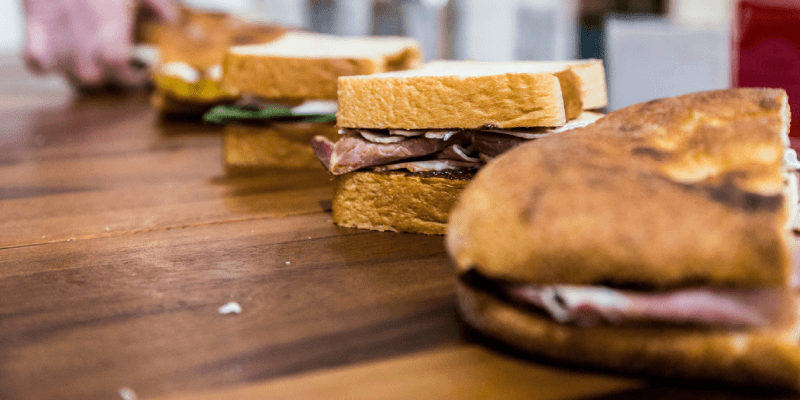 Diagonal view of a row of sandwiches