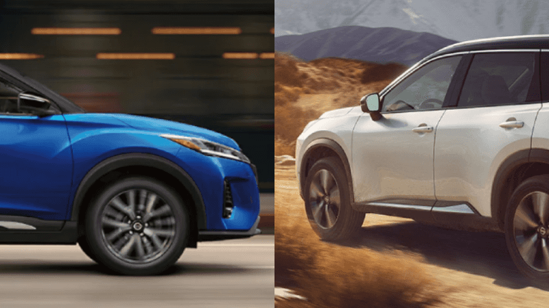 Blue 2021 Nissan Kicks and White 2021 Nissan Rogue