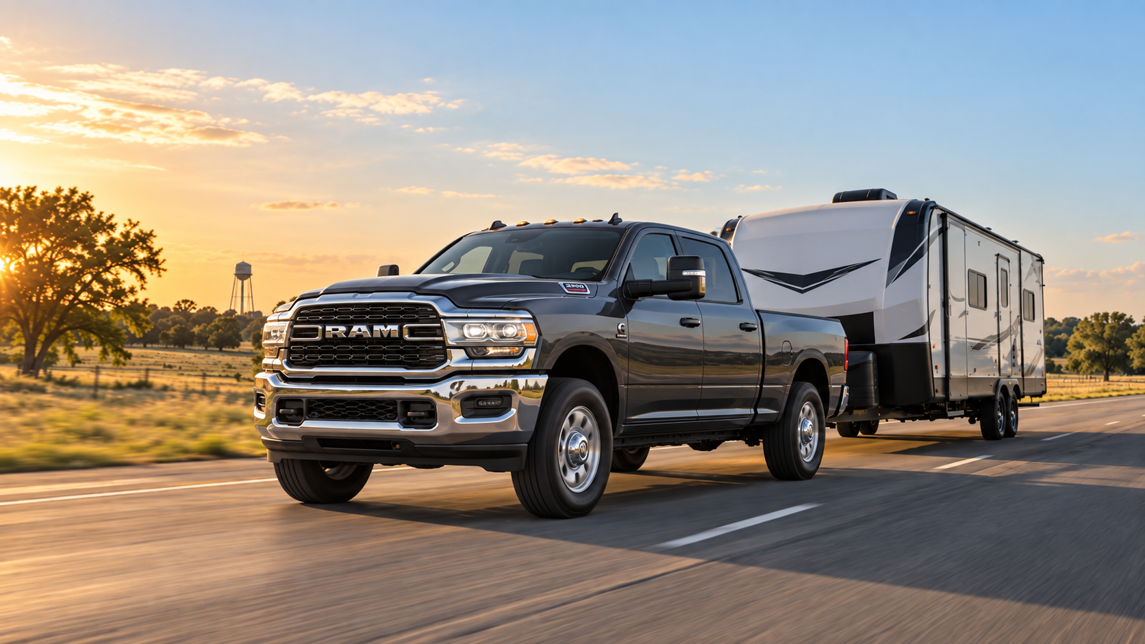 Granite Crystal Ram 2500 towing a travel trailer near Sealy, Texas