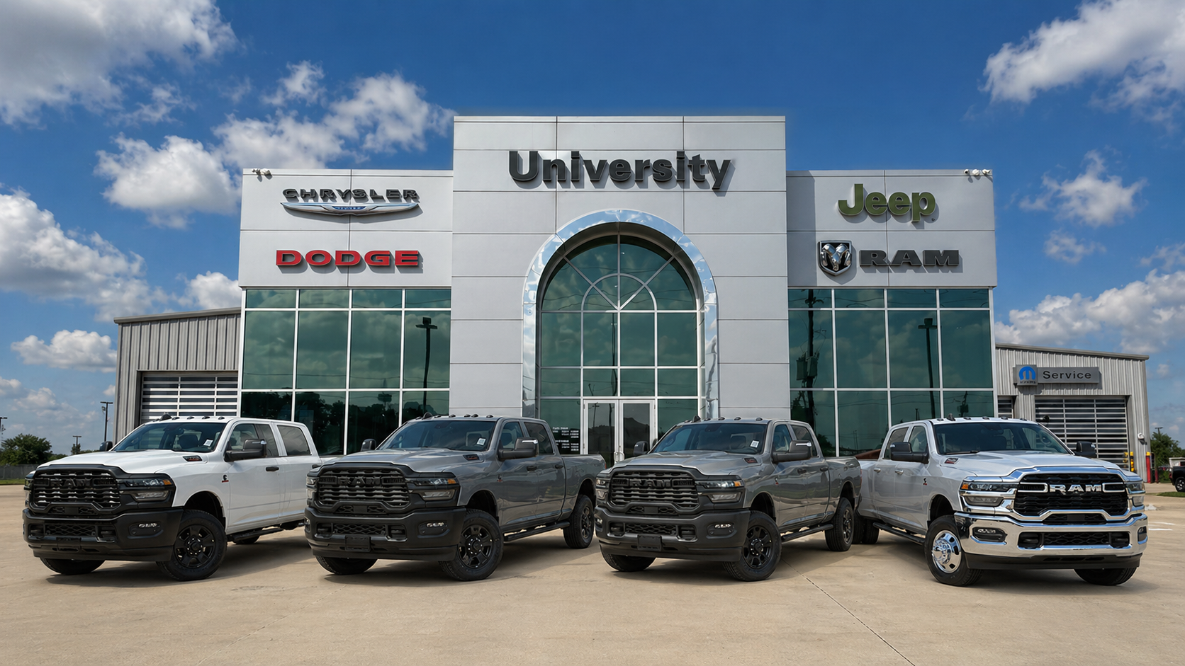 Ram 3500 trucks for sale in front of University Chrysler Dodge Jeep Ram in Sealy TX