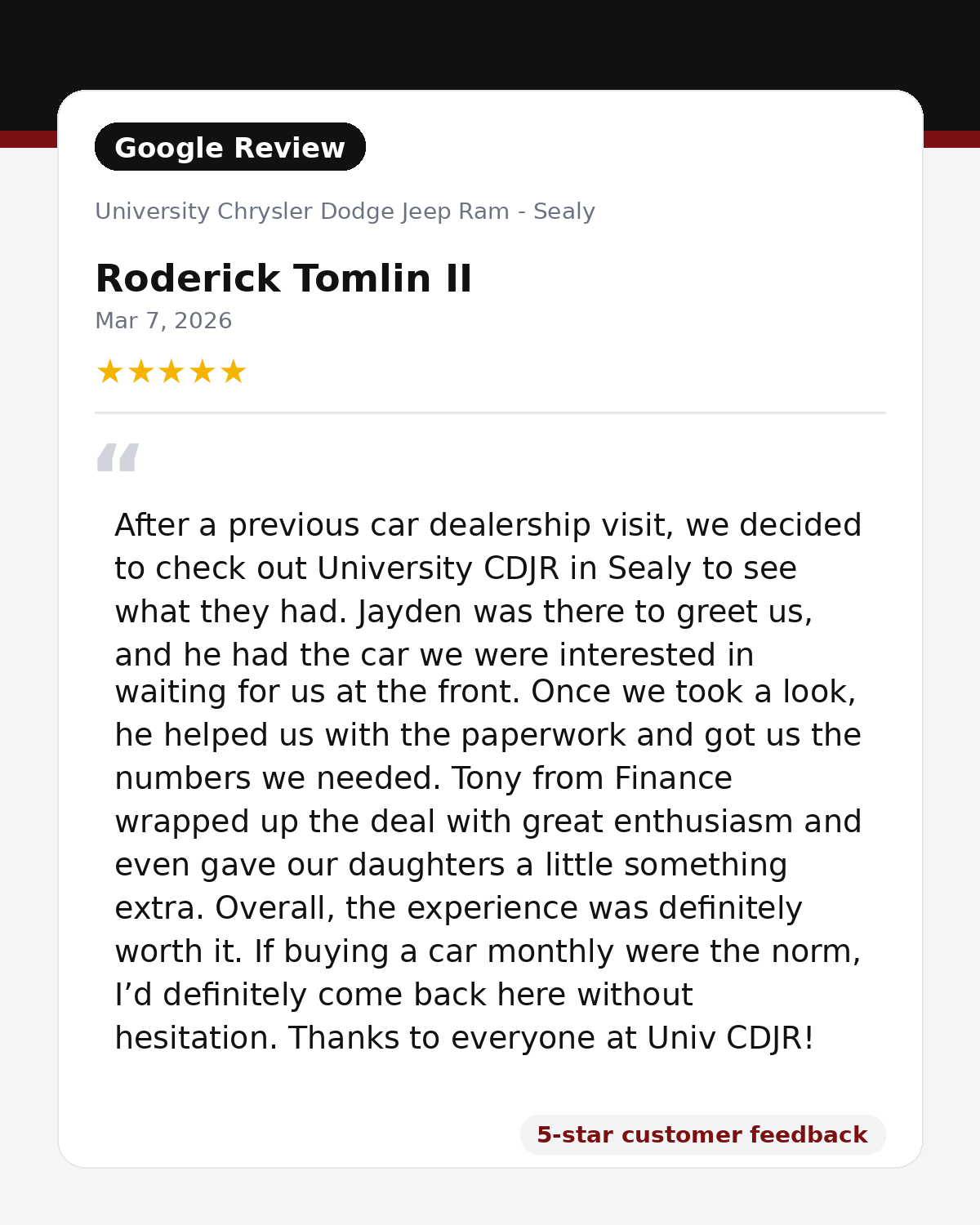 Google review for University Chrysler Dodge Jeep Ram from customer 1