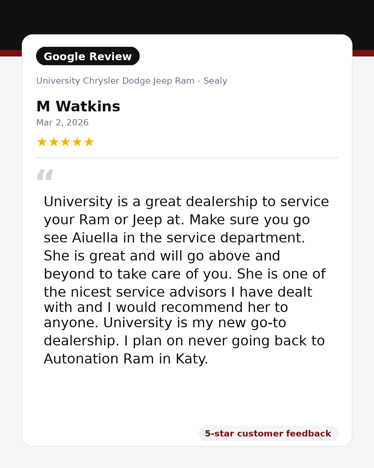 Google review for University Chrysler Dodge Jeep Ram from customer 2