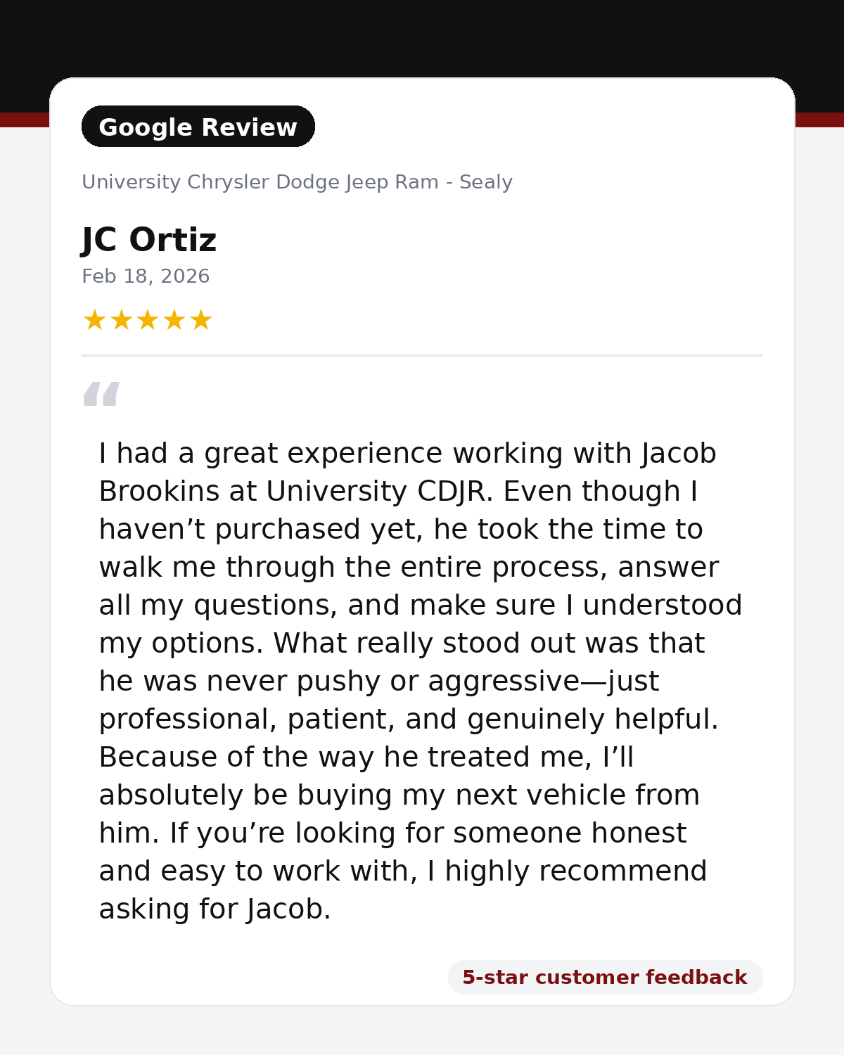 Google review for University Chrysler Dodge Jeep Ram from customer 4