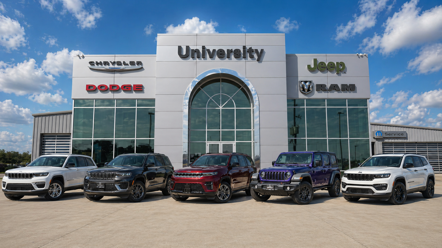 University CDJR SUV lineup in front of University Chrysler Dodge Jeep Ram in Sealy, Texas