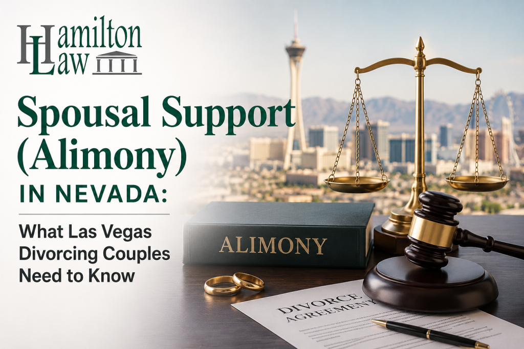Legal Gavel and scale with a book with the words alimony and the text Spousal Support (Alimony) In Nevada.