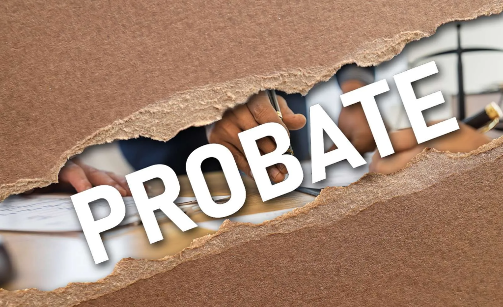 California probate - a 6 step process; a brown paper having been ripped to show a group of people going over paperwork with the word Probate across them.