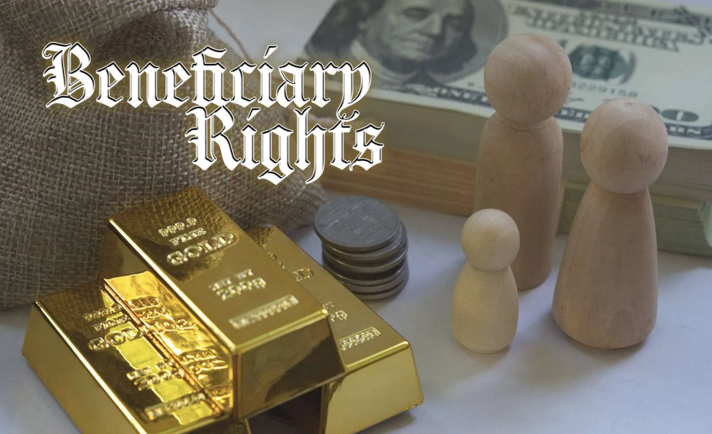 money, gold, and a bag surrounding some wooden people representing beneficiary rights