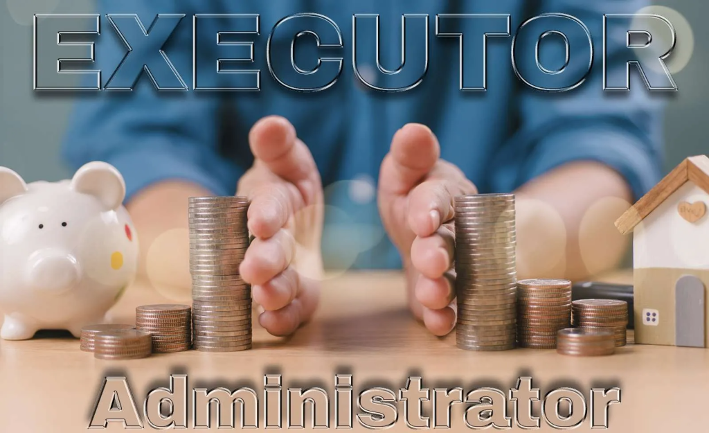 Understanding the role of executor shows a man's hands separating mock asets, like a piggy bank, a toy home, and coins.