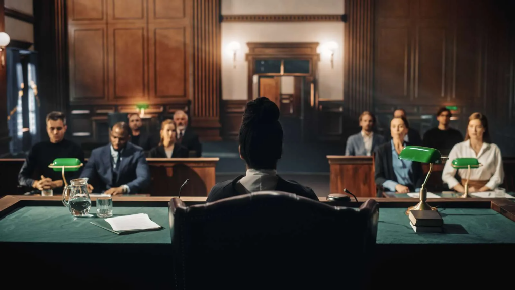 Litigation courtroom behind judge
