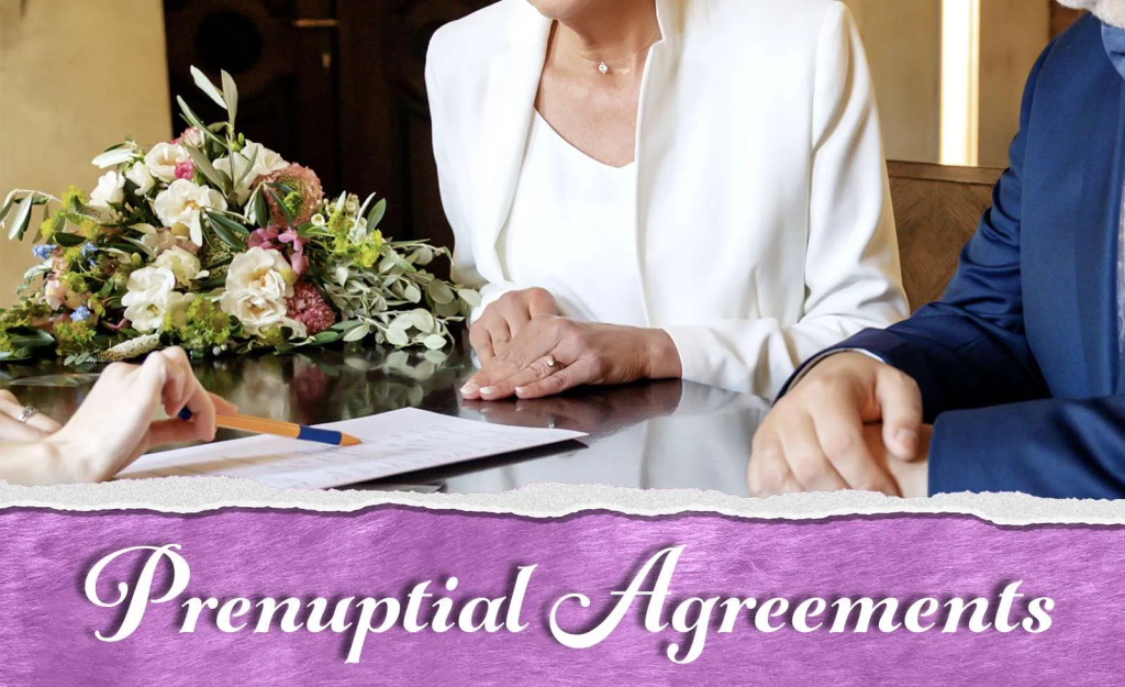 elderly couple signing a prenuptial agreement before marriage