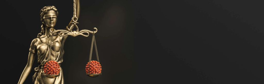 depicts a symbolic legal-themed composition related to the COVID-19 pandemic