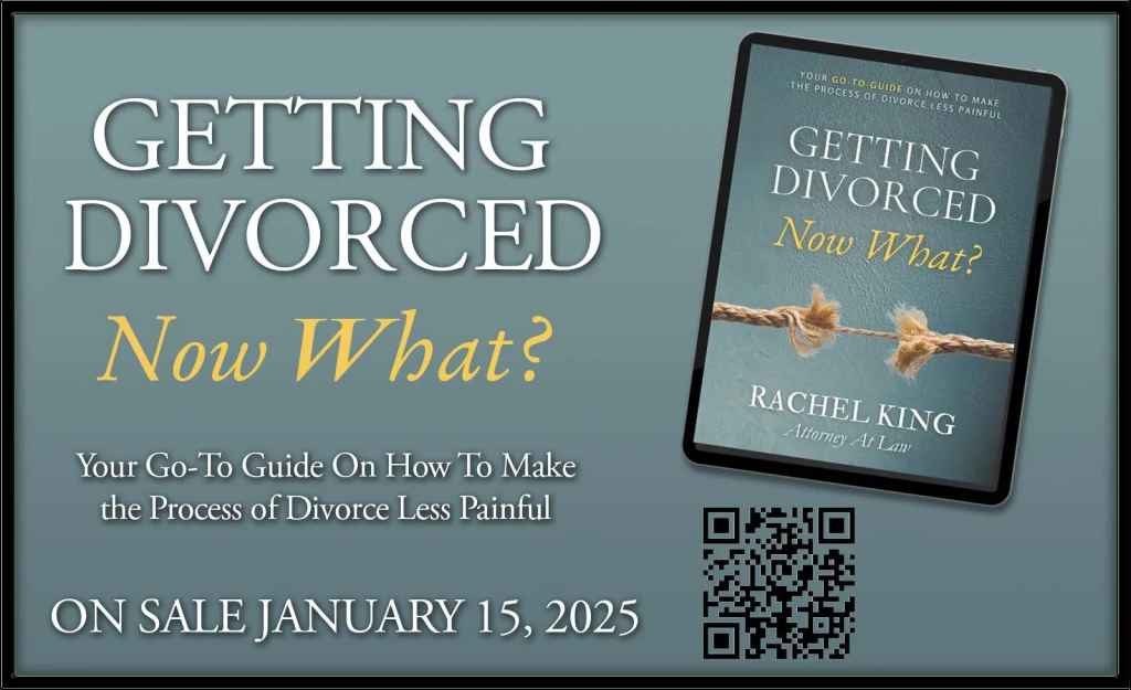 Getting Divorced... Now What? advertisement with book cover and QR code announcing sale on January 15, 2025