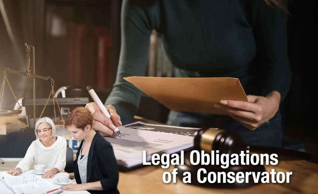 obligaciones legales de un conservador representadas por una mujer firmando documentos en una oficina legal y una imagen de una mujer ayudando a un adulto mayor con papeleo