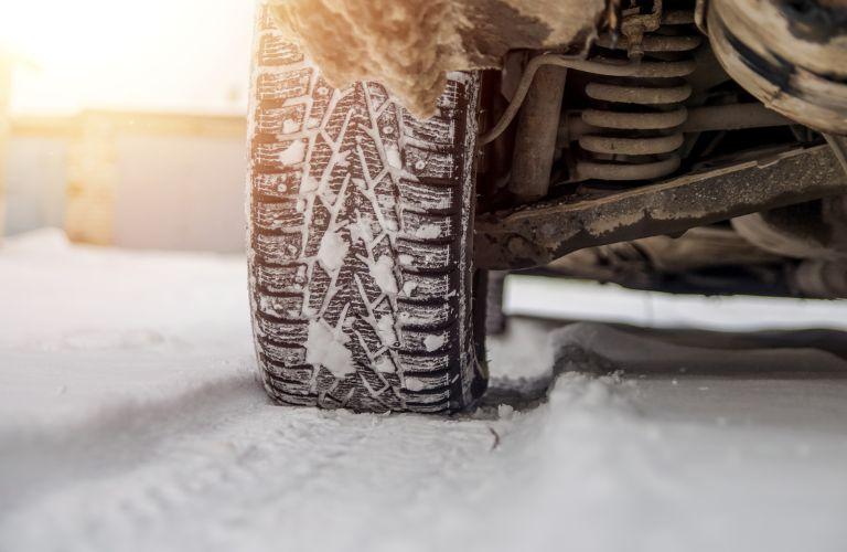 close up a tire in snow